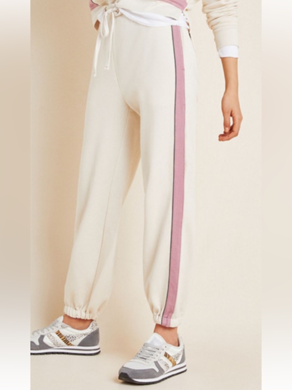 New Anthropologie Saturday Sunday Side stripe joggers large cream pink Hockney